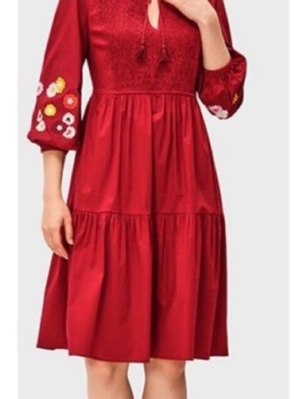 Red Embroidered Sleeve Tiered Casual Dress